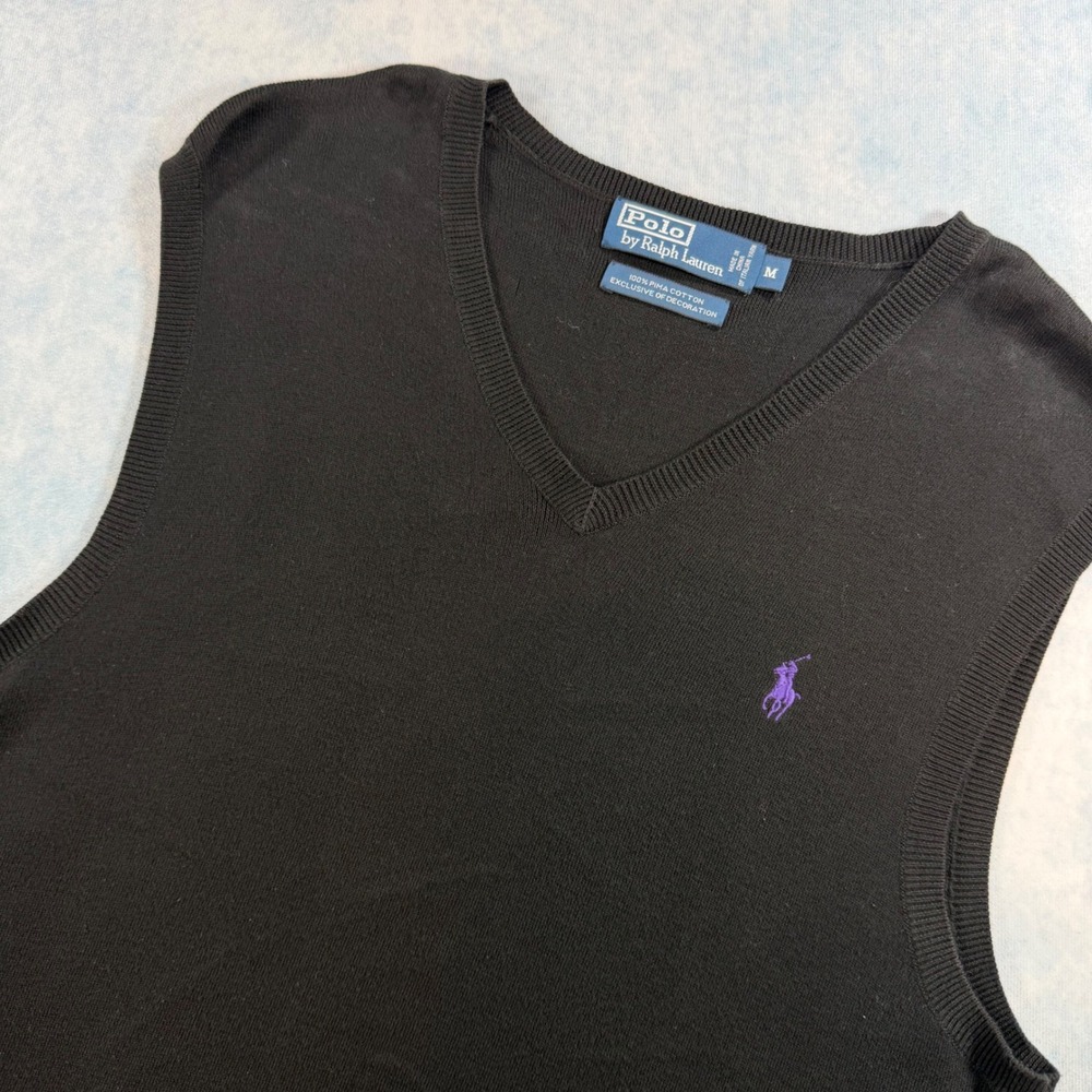 Polo Ralph Lauren Sweater Vest Mens Medium Black Excellent Pima Cotton V-Neck